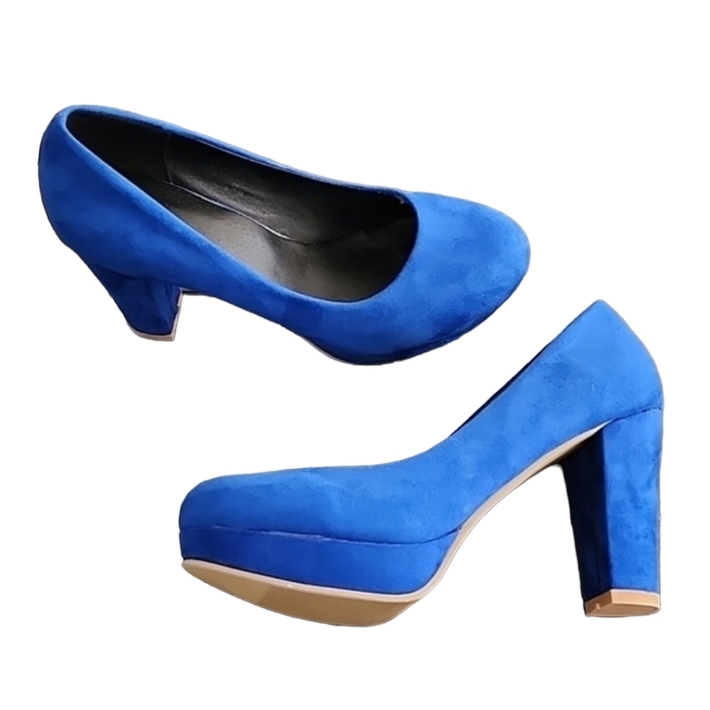 COBALT BLUE VEGAN SUEDE Platform Pumps 7.5 Heels Y2K Vibe Chunky Heel - Picture 13 of 16